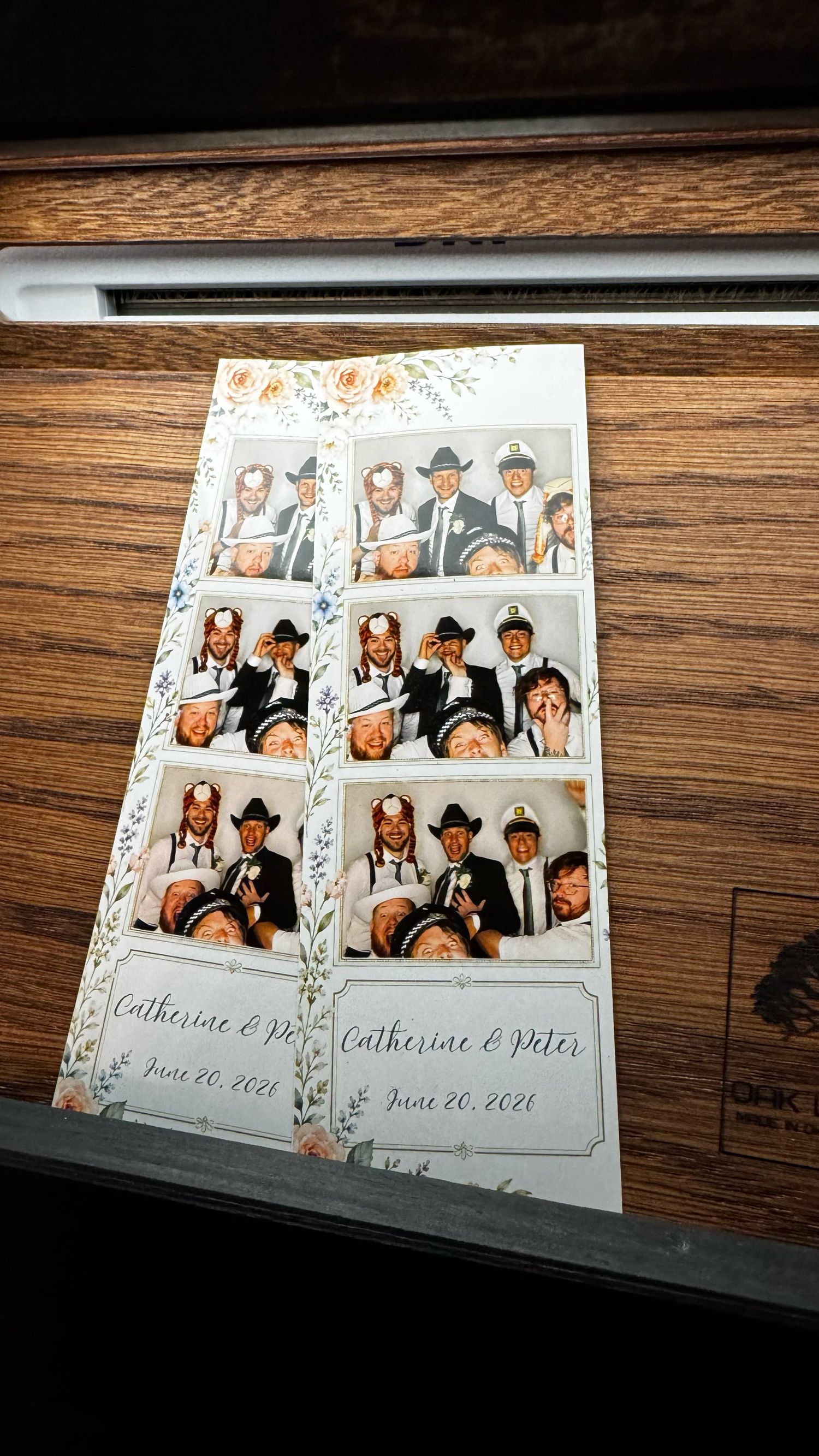 Photo booth strip from Catherine and Peter wedding on June 20, 2021, showing guests posing in fun hats and accessories.