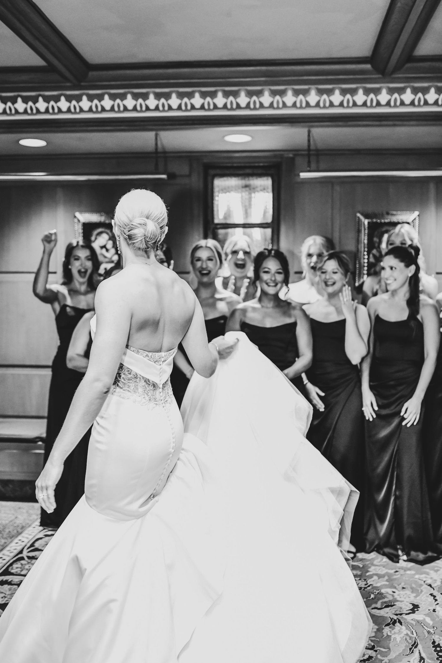 Bridesmaids reacting during Nicole’s wedding day first look