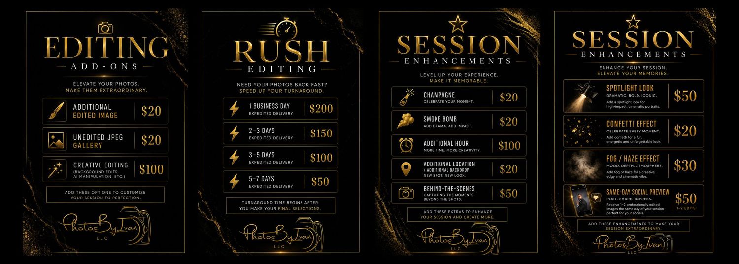 Elegant black and gold photography editing services price menu with rush editing and session transparency packages.