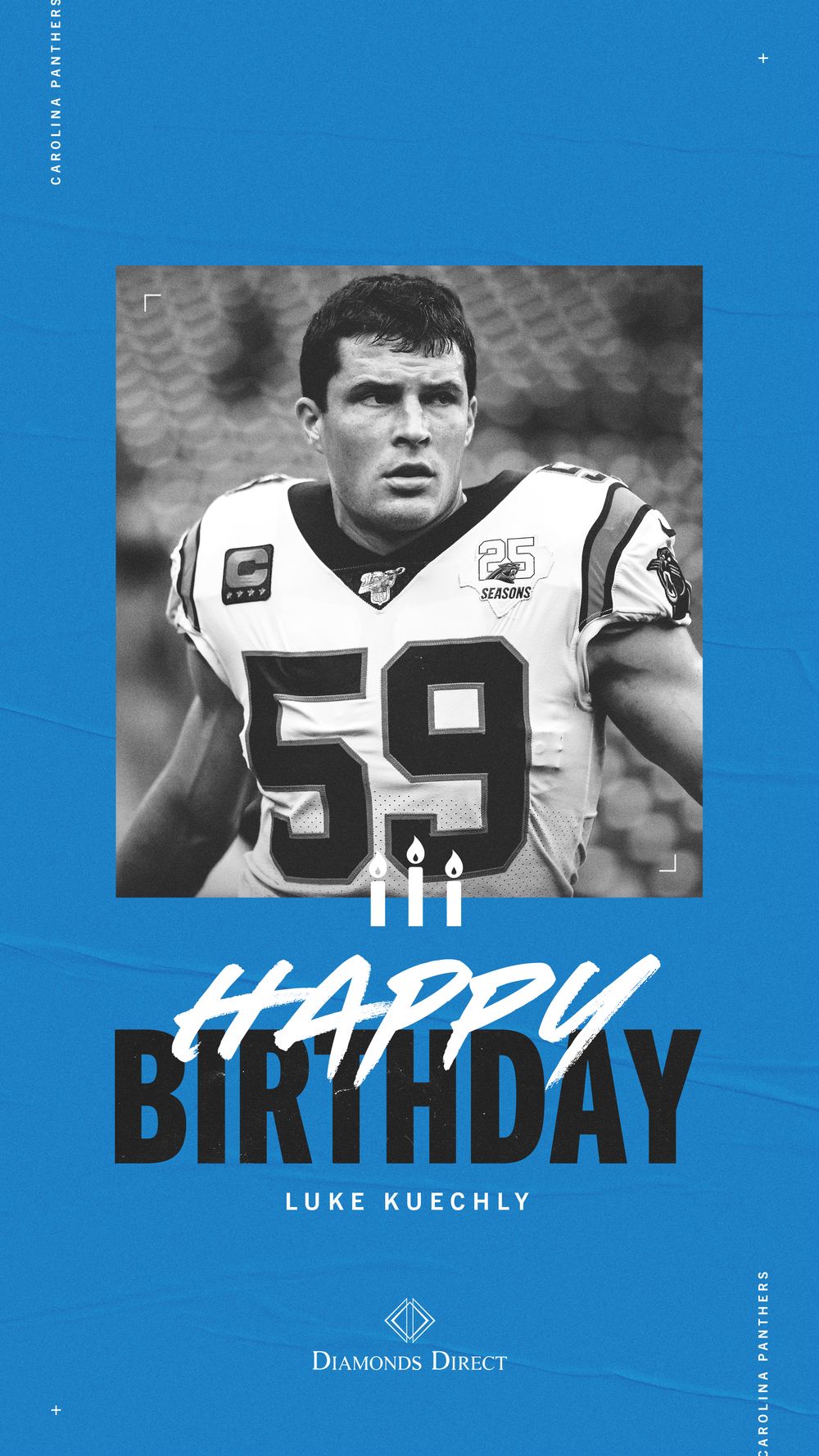 Carolina Panthers birthday graphic for Luke Kuechly #59, sponsored by Diamonds Direct, featuring blue design.