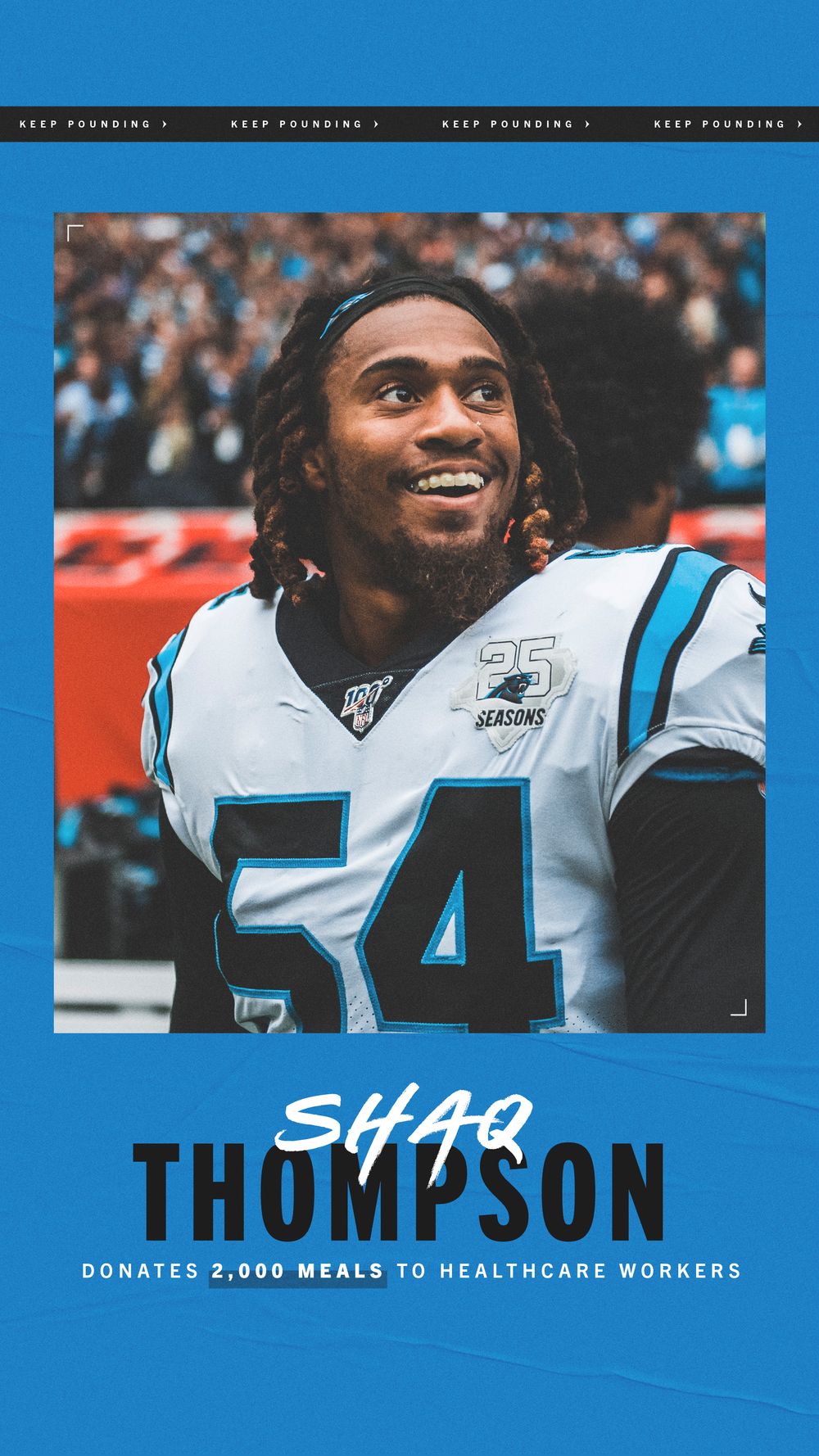Carolina Panthers linebacker Shaq Thompson #54 smiles on the field, donating 2,000 meals to healthcare workers.