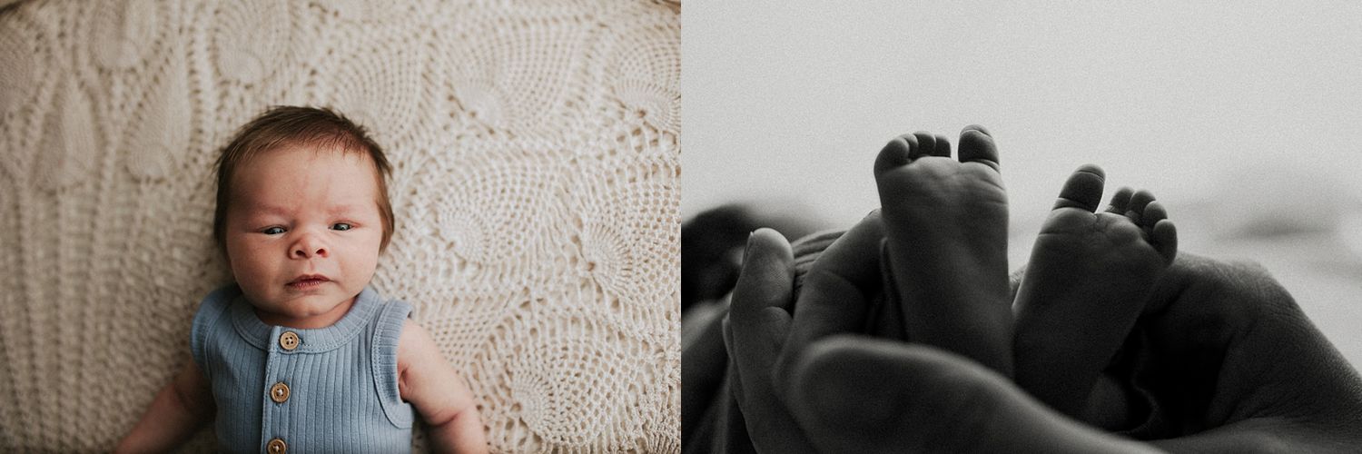 Newborn baby in blue romper on knit blanket beside black and white close-up of tiny newborn feet held by parent.