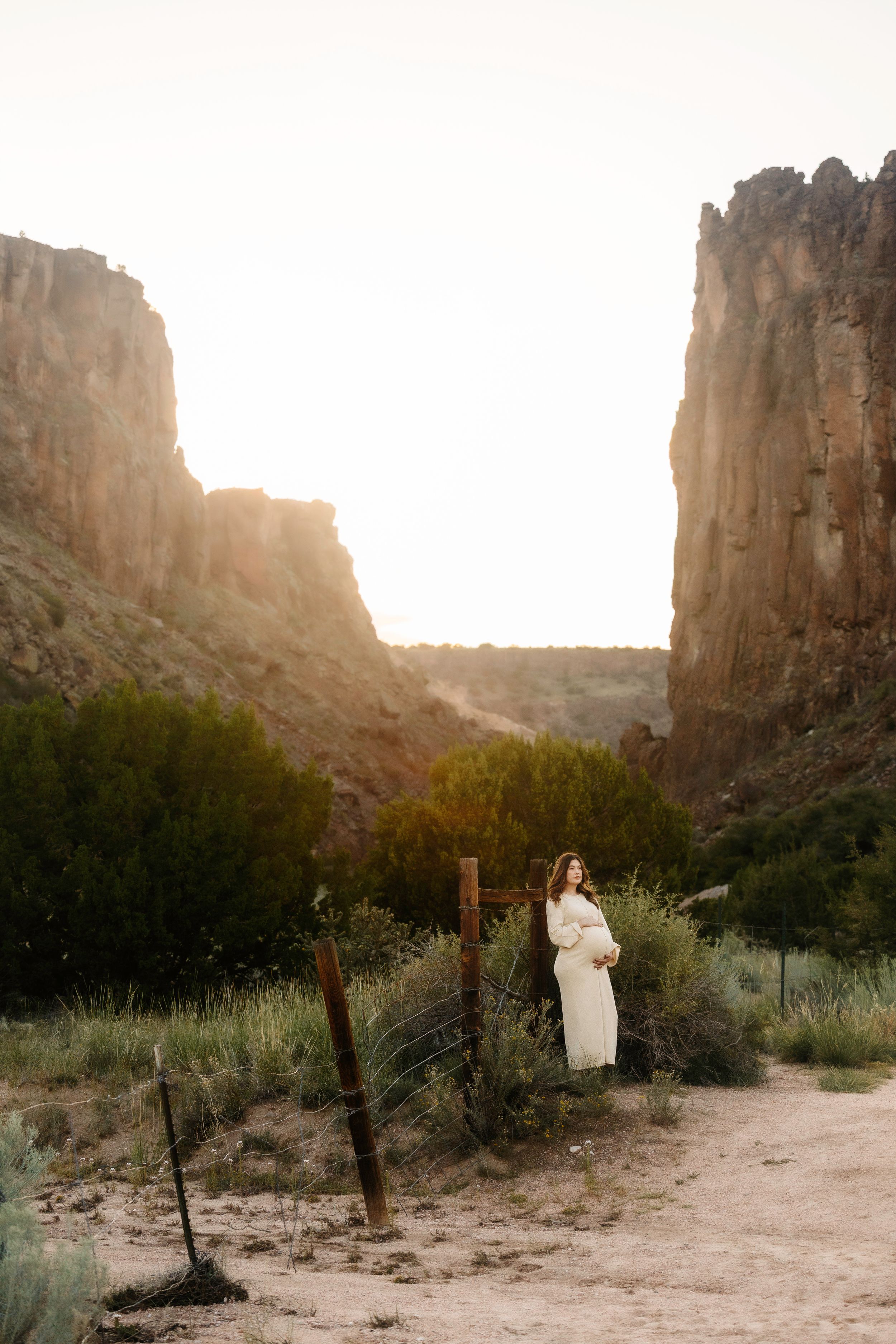 A woman in a white dress stands by a fence at sunset, framed by towering desert canyon walls.