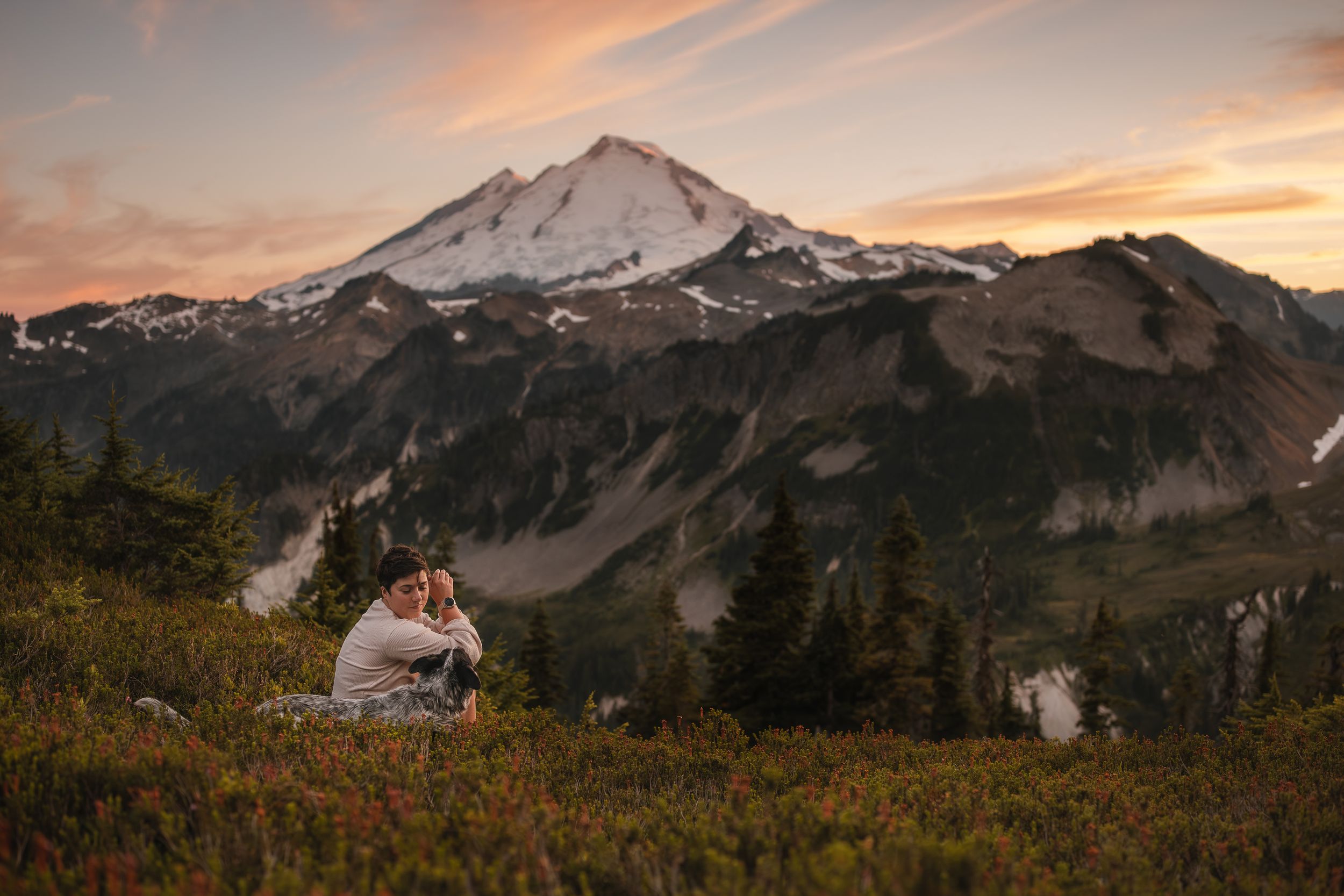 Mt Baker shot of owner and Heeler at Sunset.