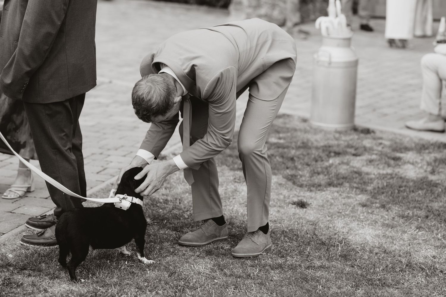 Man in suit bending down to pet a small black dog on a leash at an outdoor wedding reception.