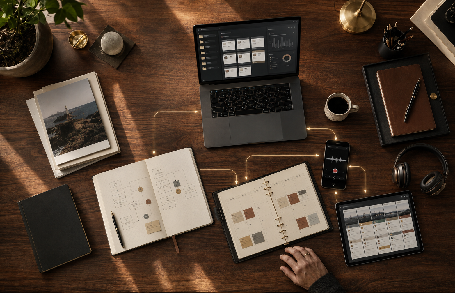 Overhead view of a wooden desk with laptop, open notebook, tablet, phone, coffee, and headphones in a flat lay arrangement.