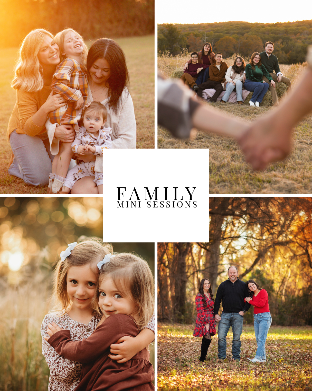 Rustic Christmas mini sessions with barn wood backdrop, pine trees, string lights, and cozy blankets in golden hour light.