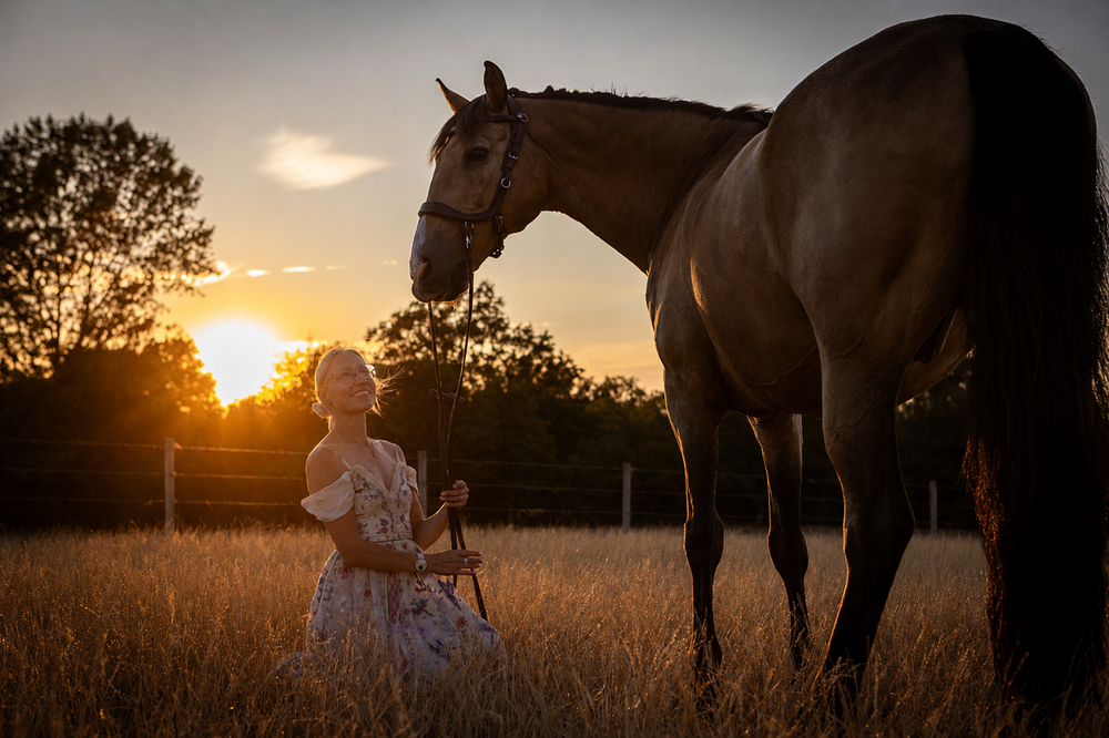Woman in white dress kneeling beside a brown horse in a golden field at sunset.