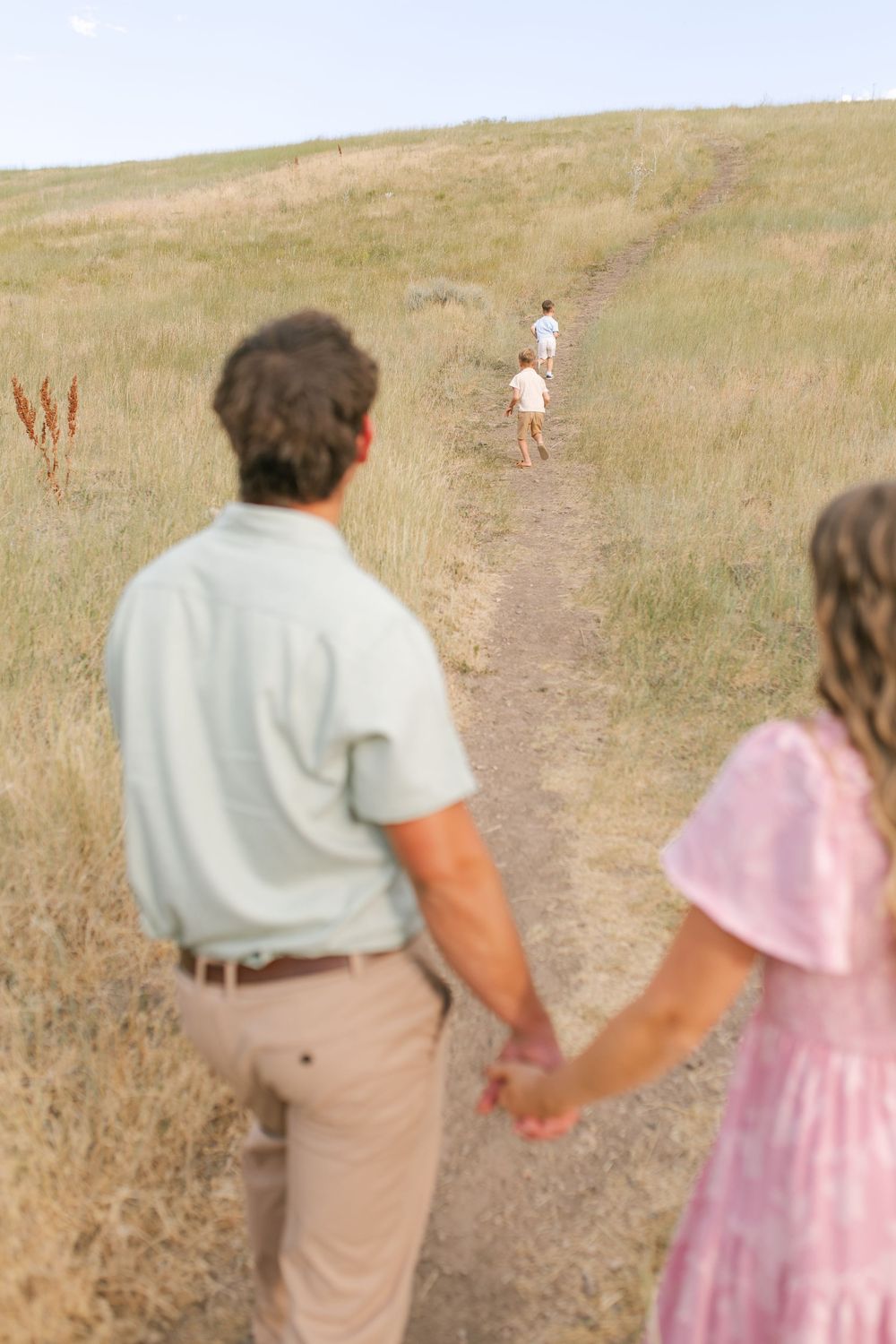 A man and girl hold hands on a grassy trail watching two people walk ahead on a sunny day.