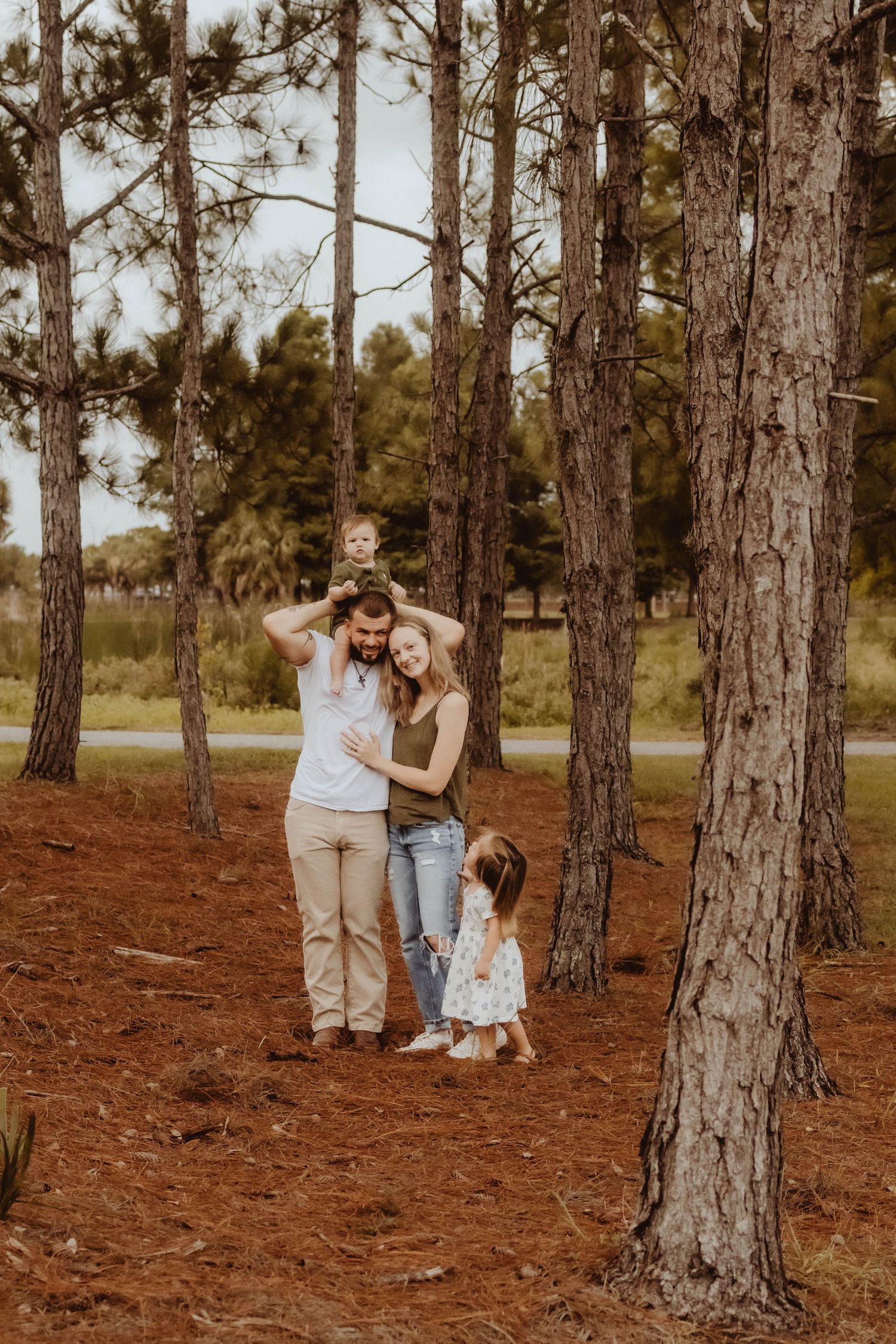 Family of four posing among tall pine trees on a red-brown forest floor, parents embracing with two young children.