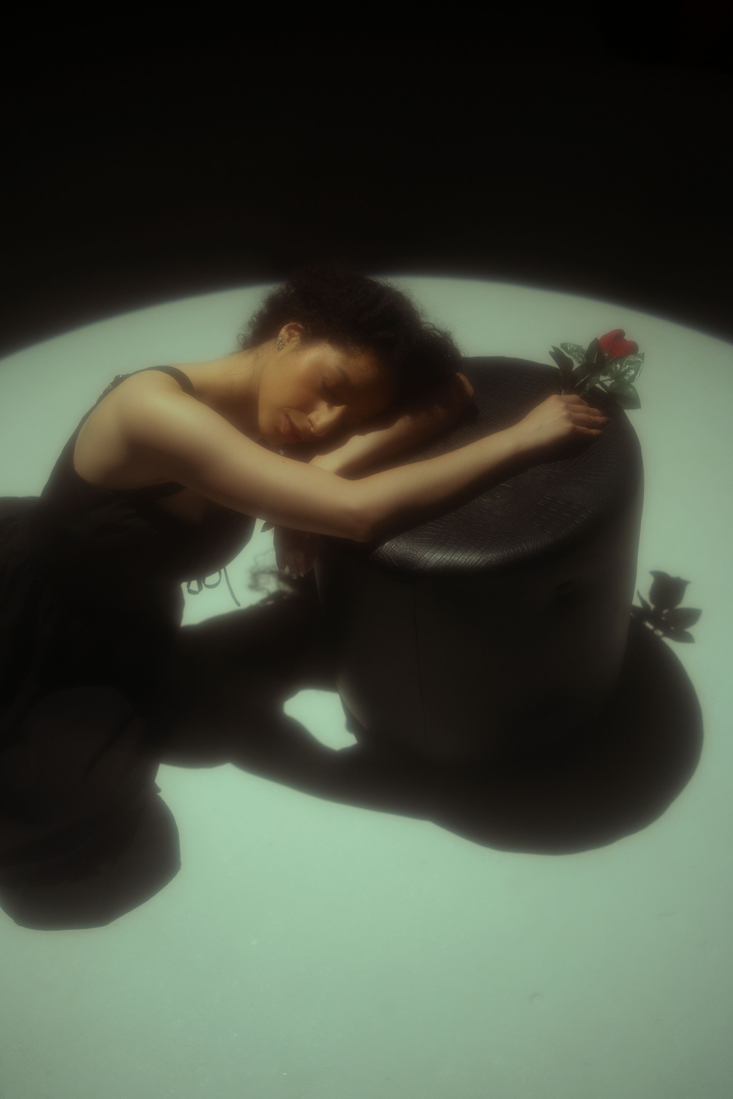 Fine art portrait of a woman in a curled pose photographed from above with cinematic lighting