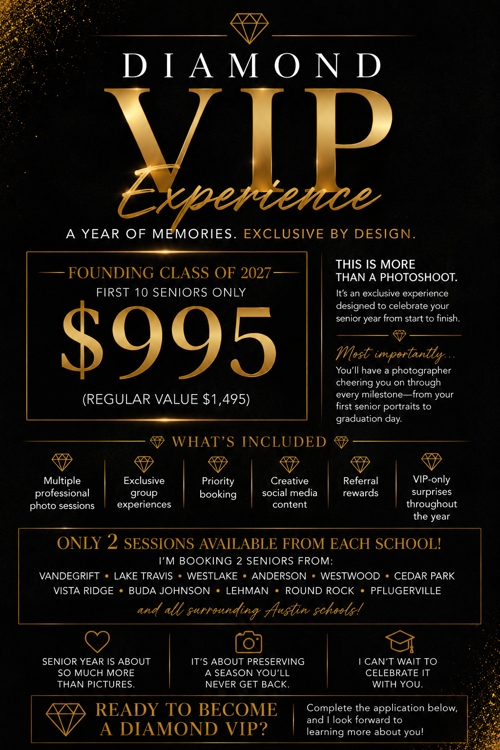 Diamond VIP Experience senior photography package flyer offering exclusive $995 founding class pricing with premium photo sessions.
