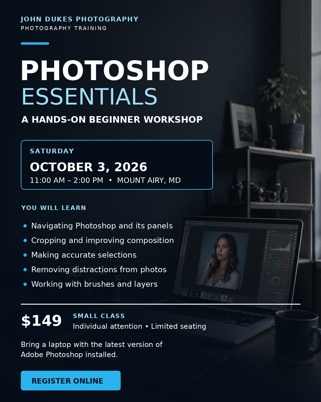 Photoshop Essentials beginner workshop flyer for October 3 2026 in Mount Airy MD featuring laptop and portrait editing setup.