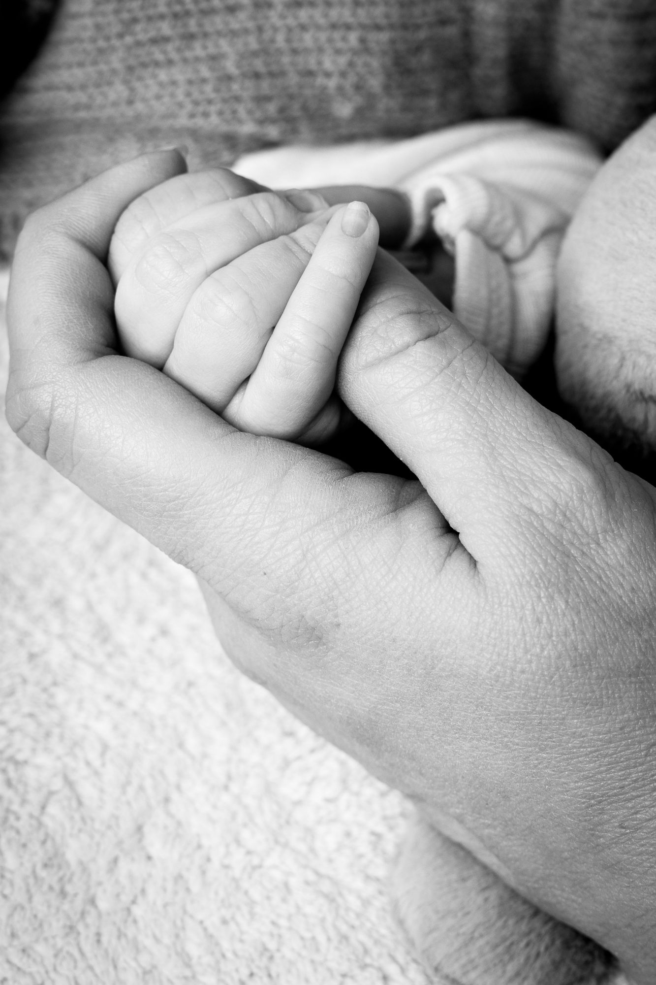 Black and white photo of a newborn baby grasping an adult finger, symbolizing the bond between parent and child.