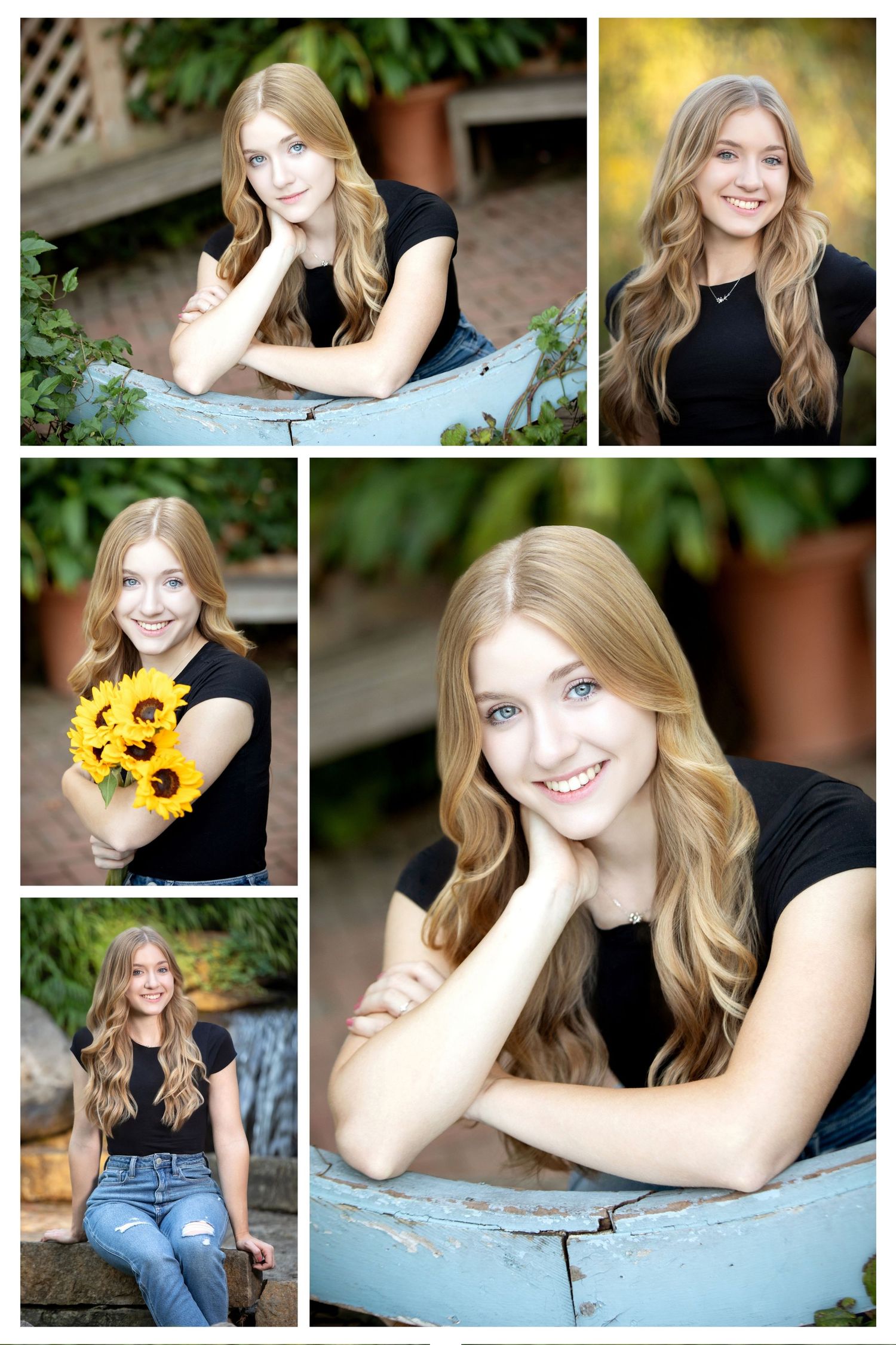 Reynoldsburg senior portraits at Inniswood Gardens with casual style, sunflowers, waterfalls, and natural backdrops.