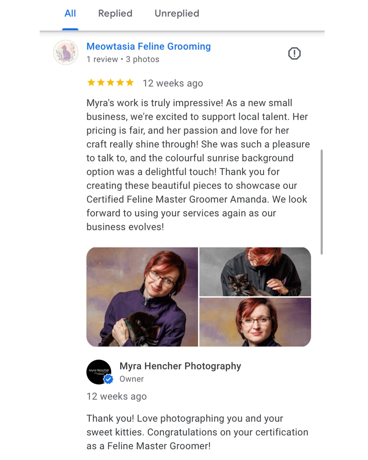 Business review page showing positive feedback and profile photos with colorful background elements.