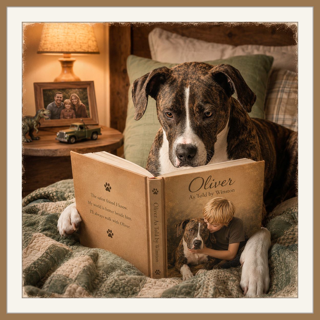 A brindle boxer dog reads a personalized children's book titled Oliver while resting on a cozy bed.