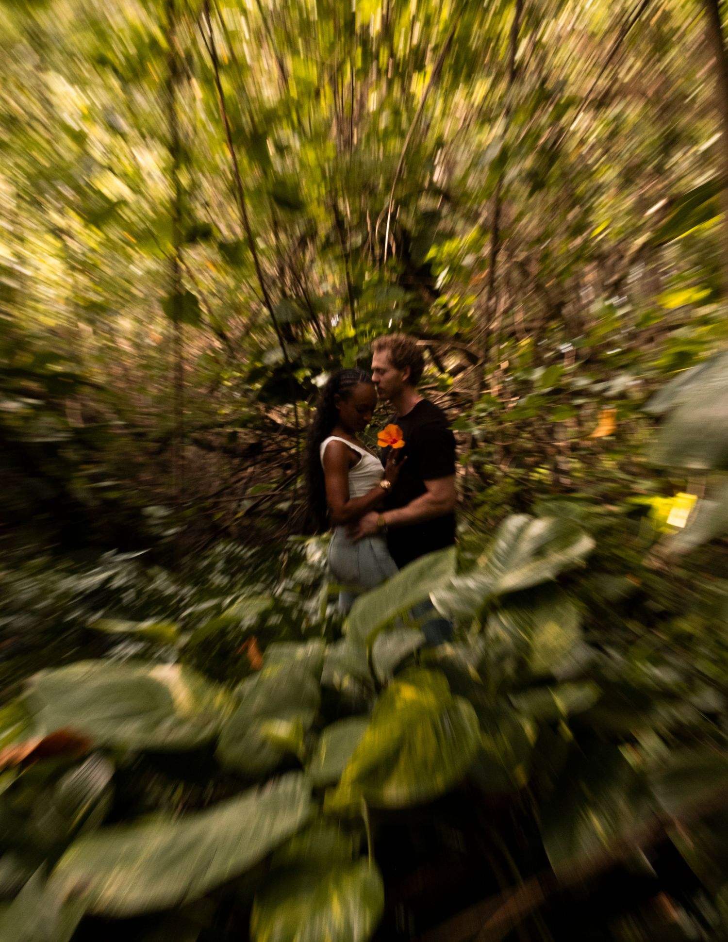 A couple embraces romantically surrounded by lush green foliage in a dreamy zoom-blur effect outdoor photo on Oahu, Hawaii.