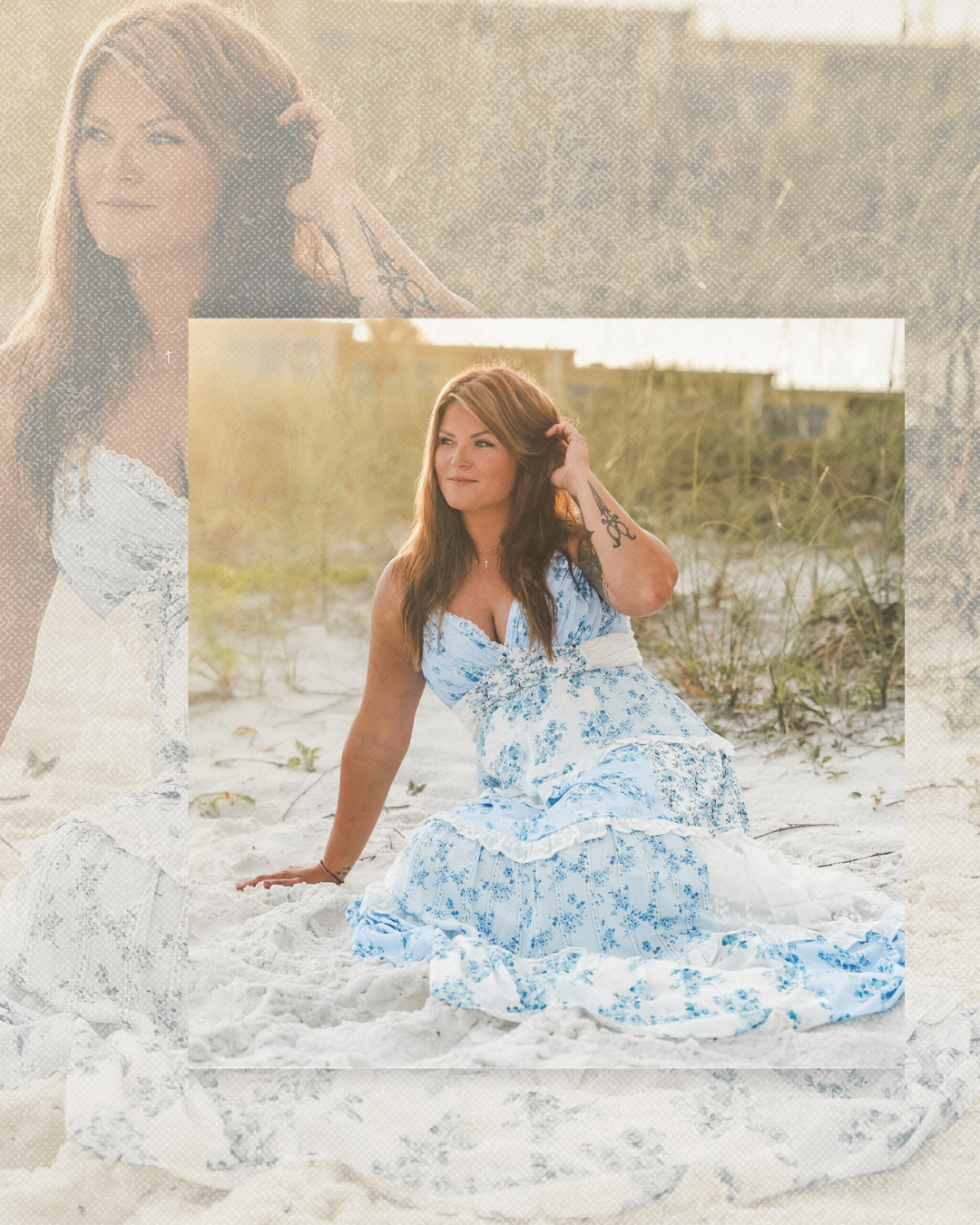 Young woman in blue floral maxi dress poses on sandy beach in creative double-exposure portrait photography.