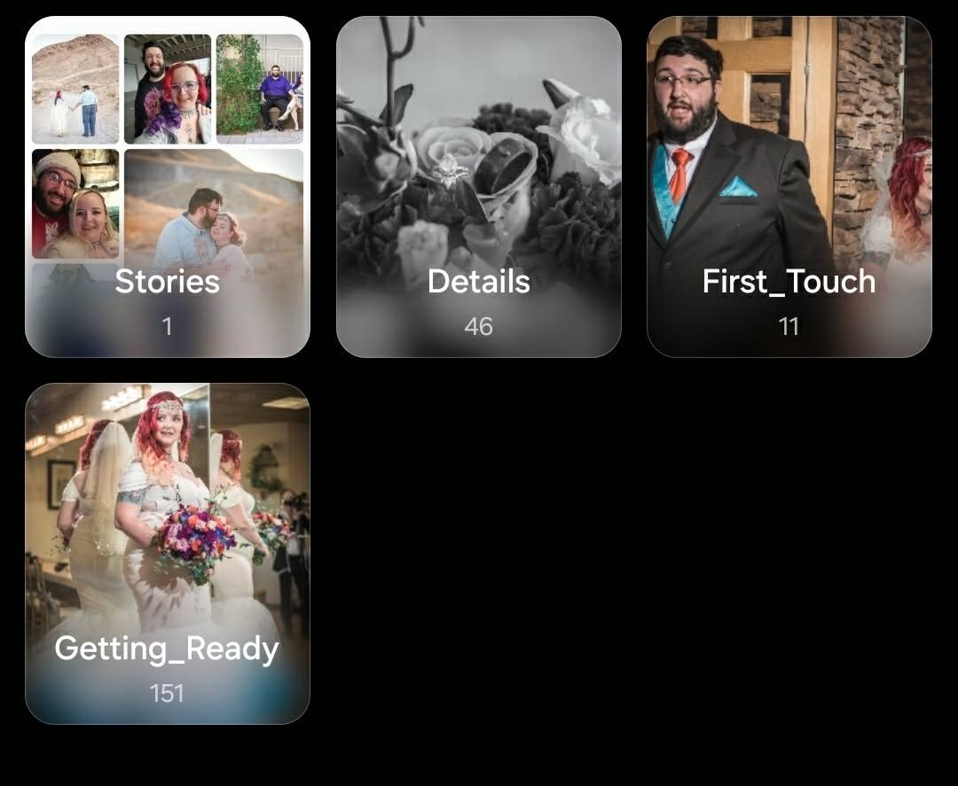 Wedding photo album folders showing Stories, Details, First Touch, and Getting Ready categories with 209 total wedding photos.