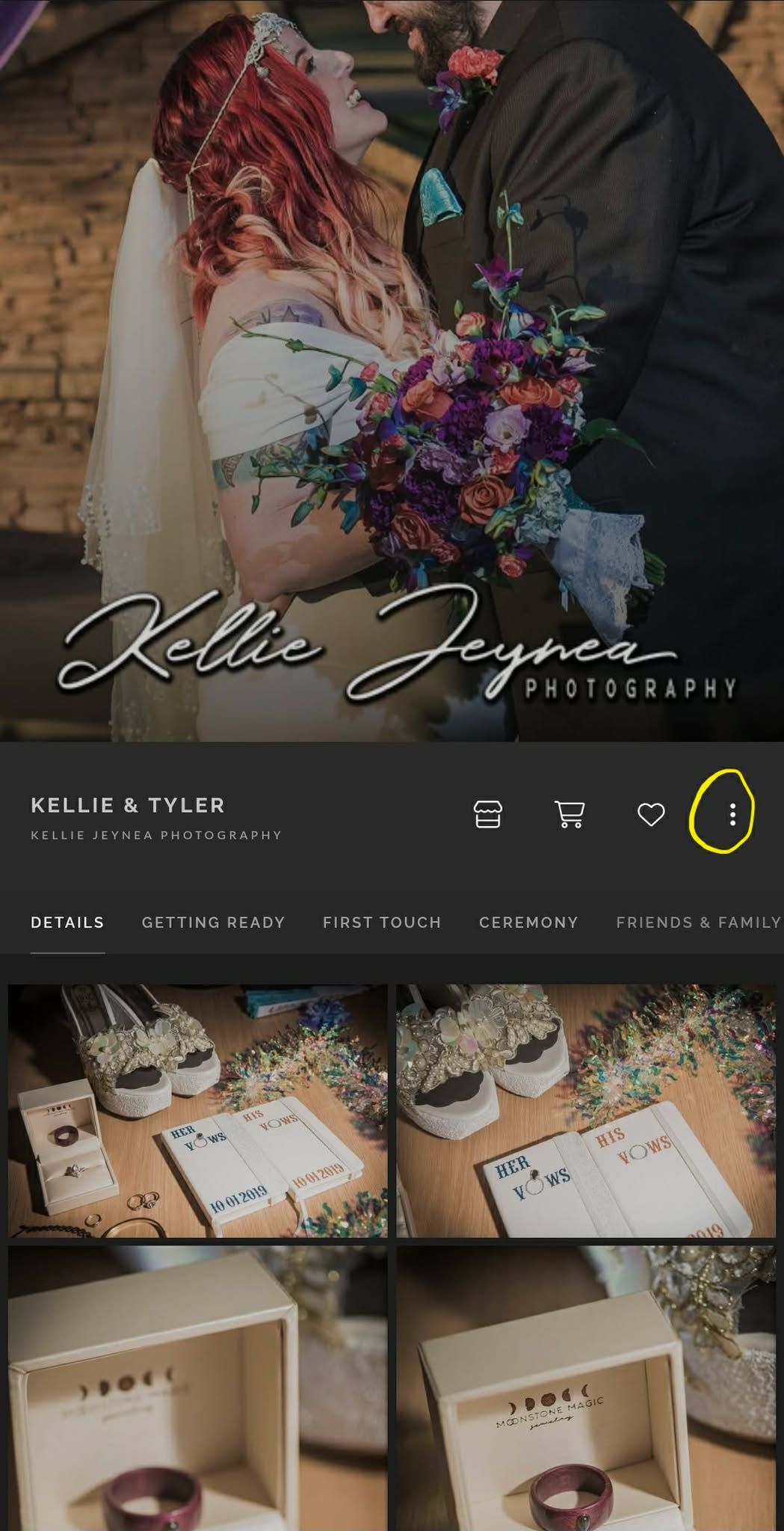 Wedding couple embracing with colorful bridal bouquet, Kellie Jeynea Photography portfolio app showing ceremony gallery thumbnails.