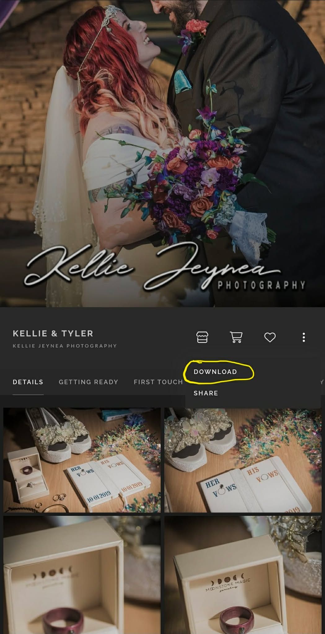 Kellie Jeynea Photography wedding gallery app showing bride with red hair and groom, with detail shots of rings and wedding stationery.