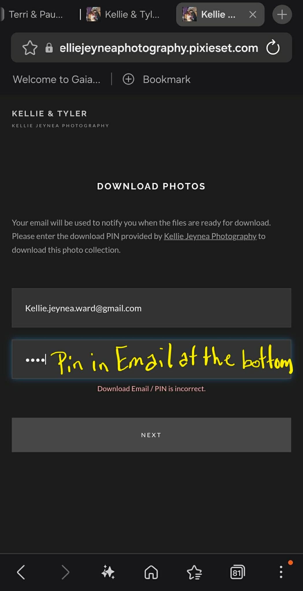 Screenshot of Kellie Jeynea Photography download portal showing email field and PIN entry instructions.
