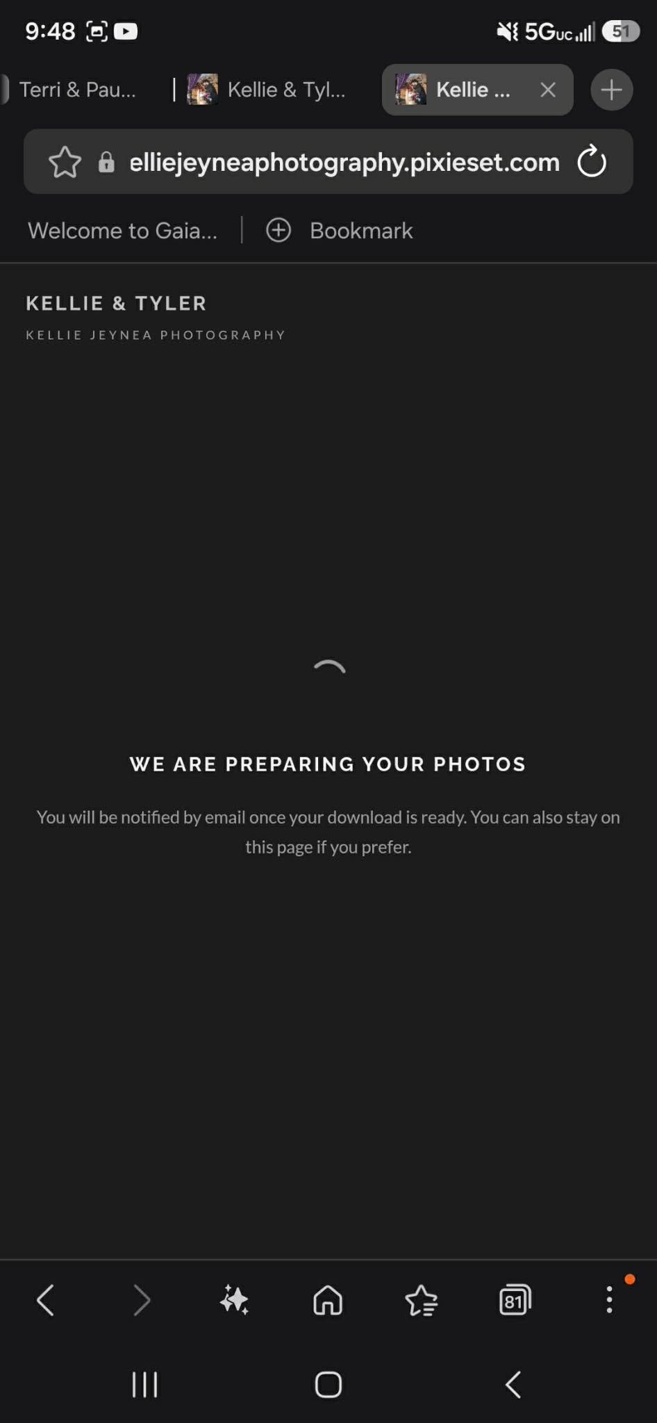 A dark-themed wedding photo gallery website for Kellie and Tyler, showing a photo preparation loading screen by Kellie Jeynea Photography.
