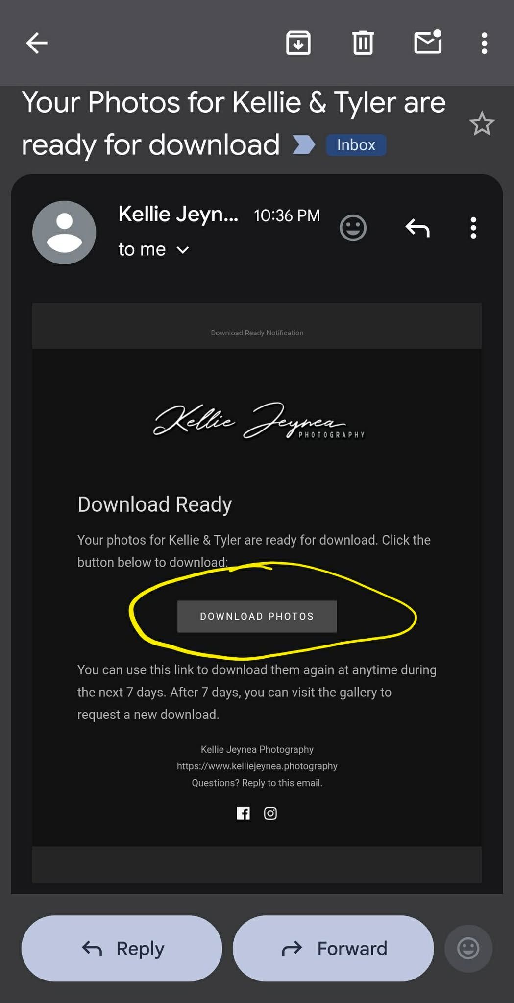 Email notification from Kellie Jeynes Photography with a Download Ready button for Kellie and Tyler's photos.