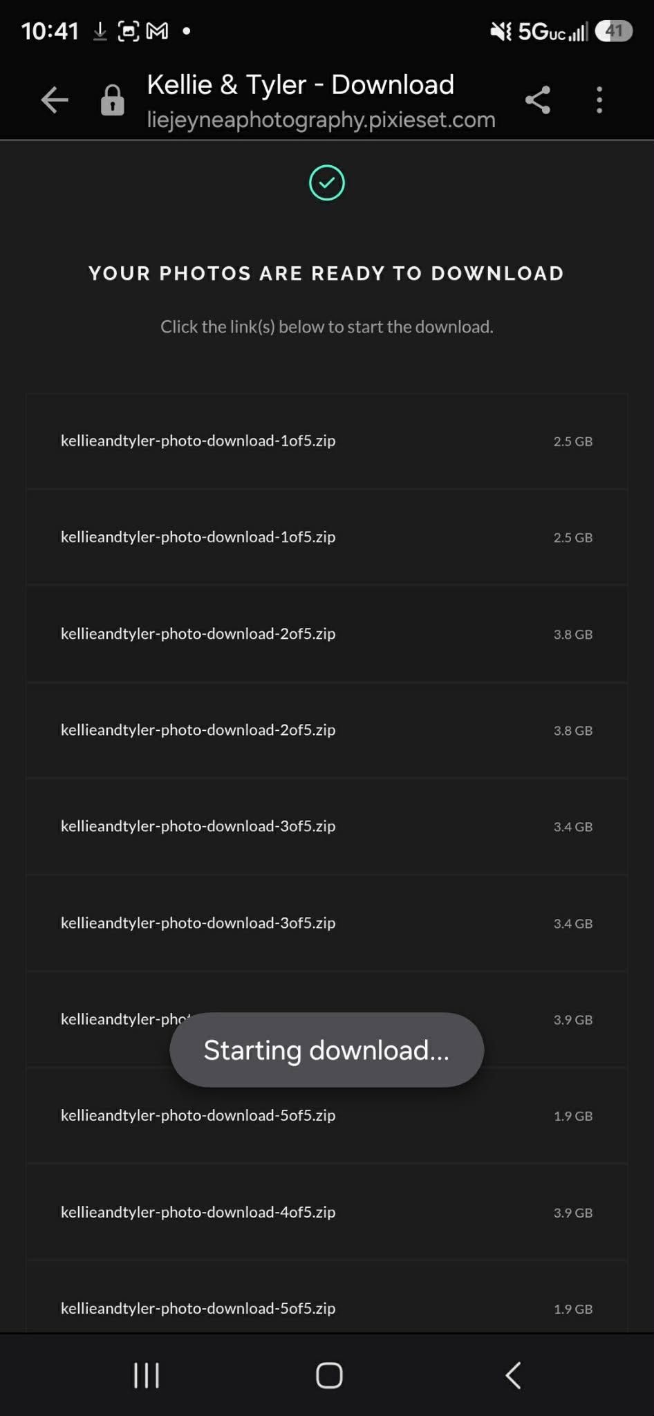 Screenshot of a Pixieset photo download page for Kellie and Tyler, showing multiple ZIP files ready to download on an Android device.
