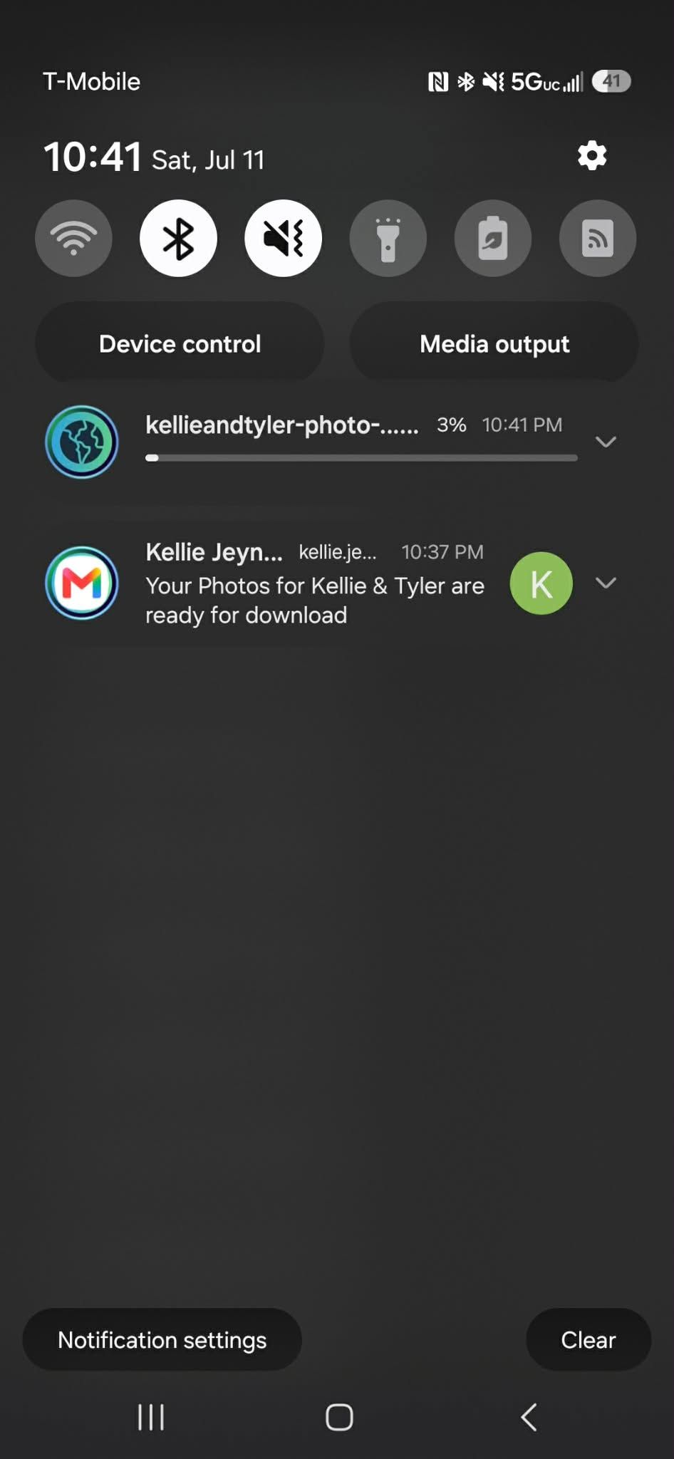 Android notification panel showing T-Mobile 5G connection, Bluetooth active, and photo download notification at 10:41 PM.