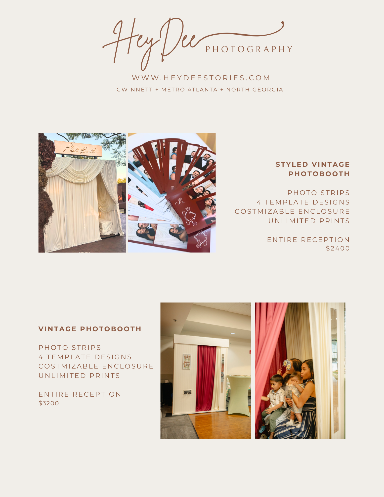 HeyDee Photography styled vintage photo booth setup with curtains, photo strips, and customizable enclosure for events in Georgia.