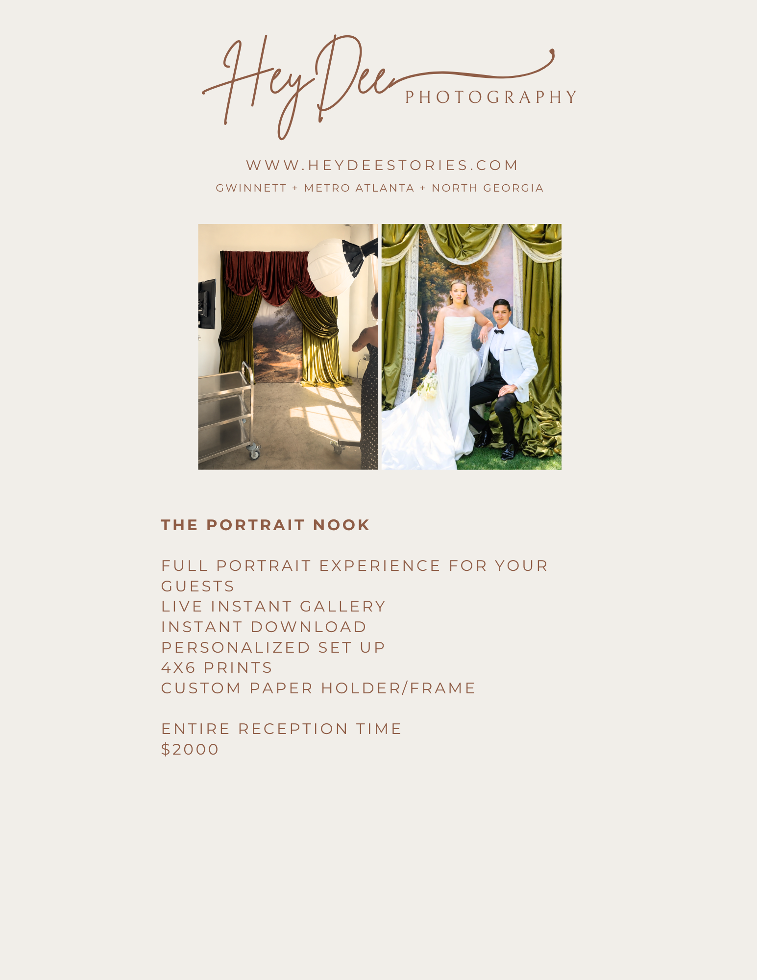 HeyDee Photography portrait nook wedding package flyer featuring elegant couple photos and reception photography services.