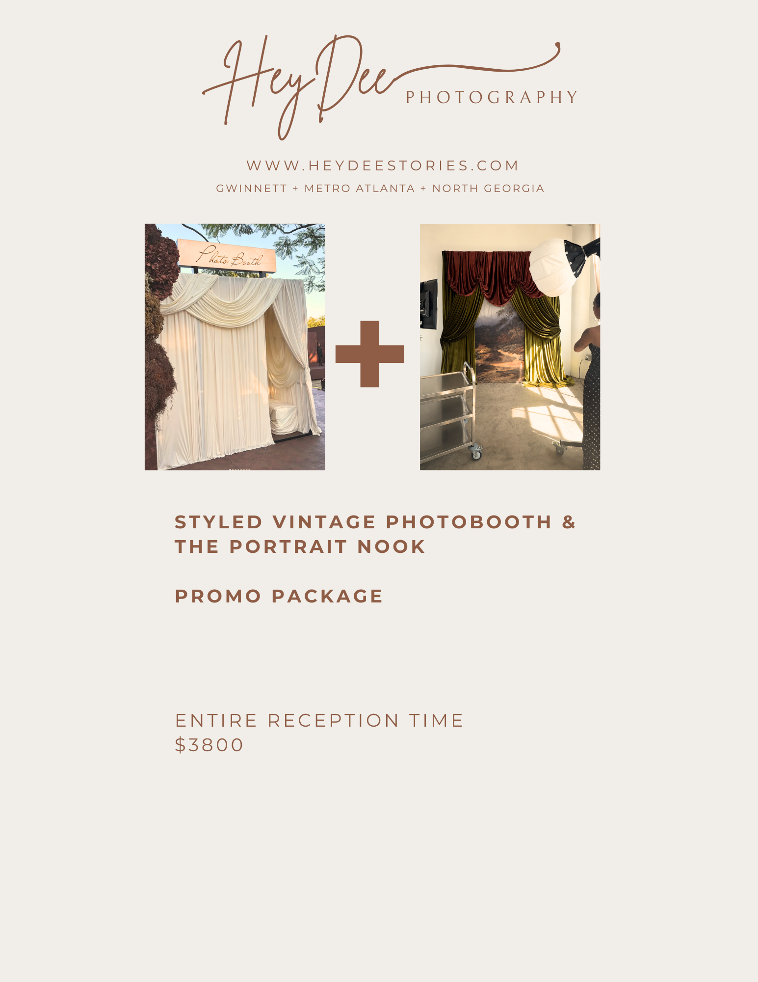 HeyDee Photography styled vintage photobooth and portrait nook promo package flyer for $3800 entire reception time.