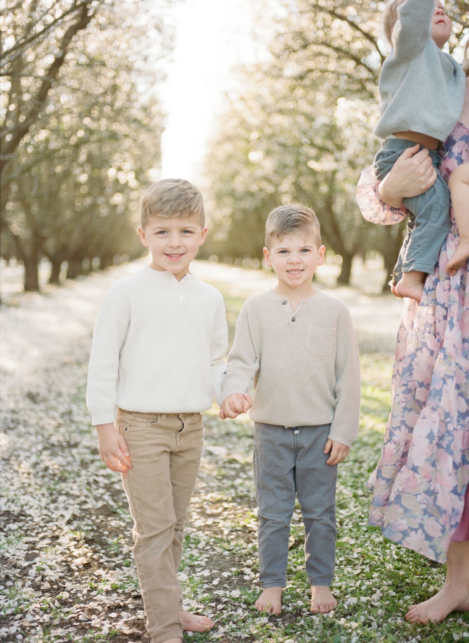 Two young boys holding hands in a sunlit orchard, wearing neutral-toned shirts and pants, with a woman holding a baby nearby.