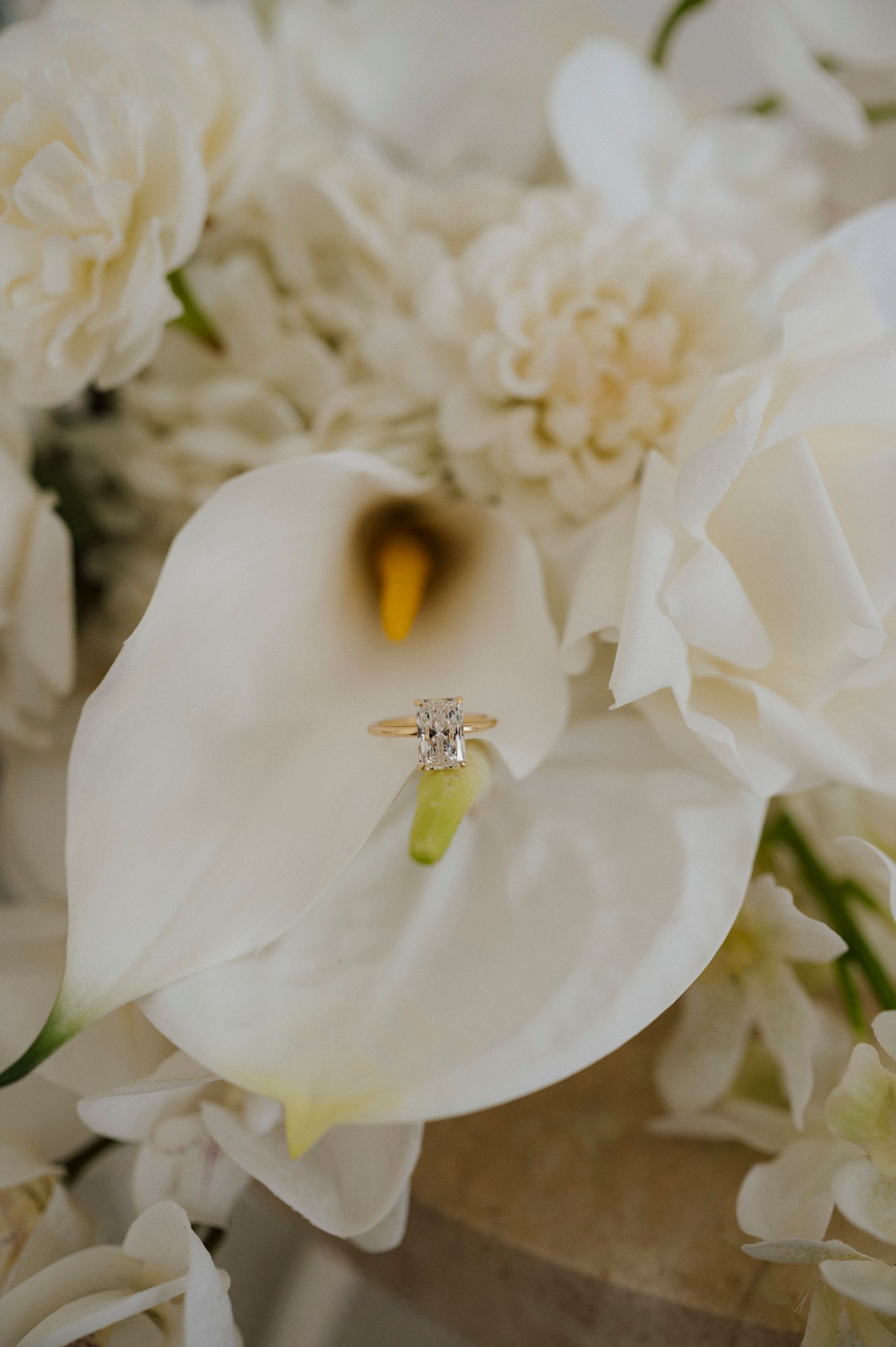 Gold diamond engagement ring resting on a white calla lily surrounded by cream roses and flowers.