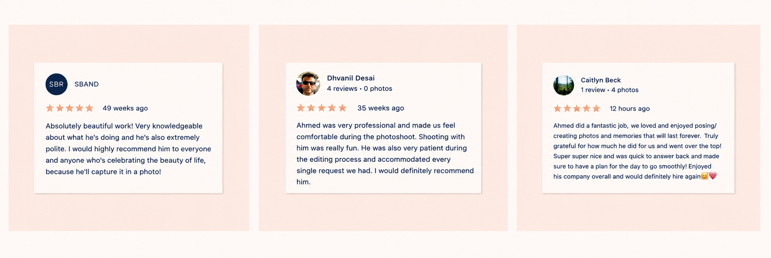 Three five-star customer reviews praising professional, comfortable, and highly recommended photography services.