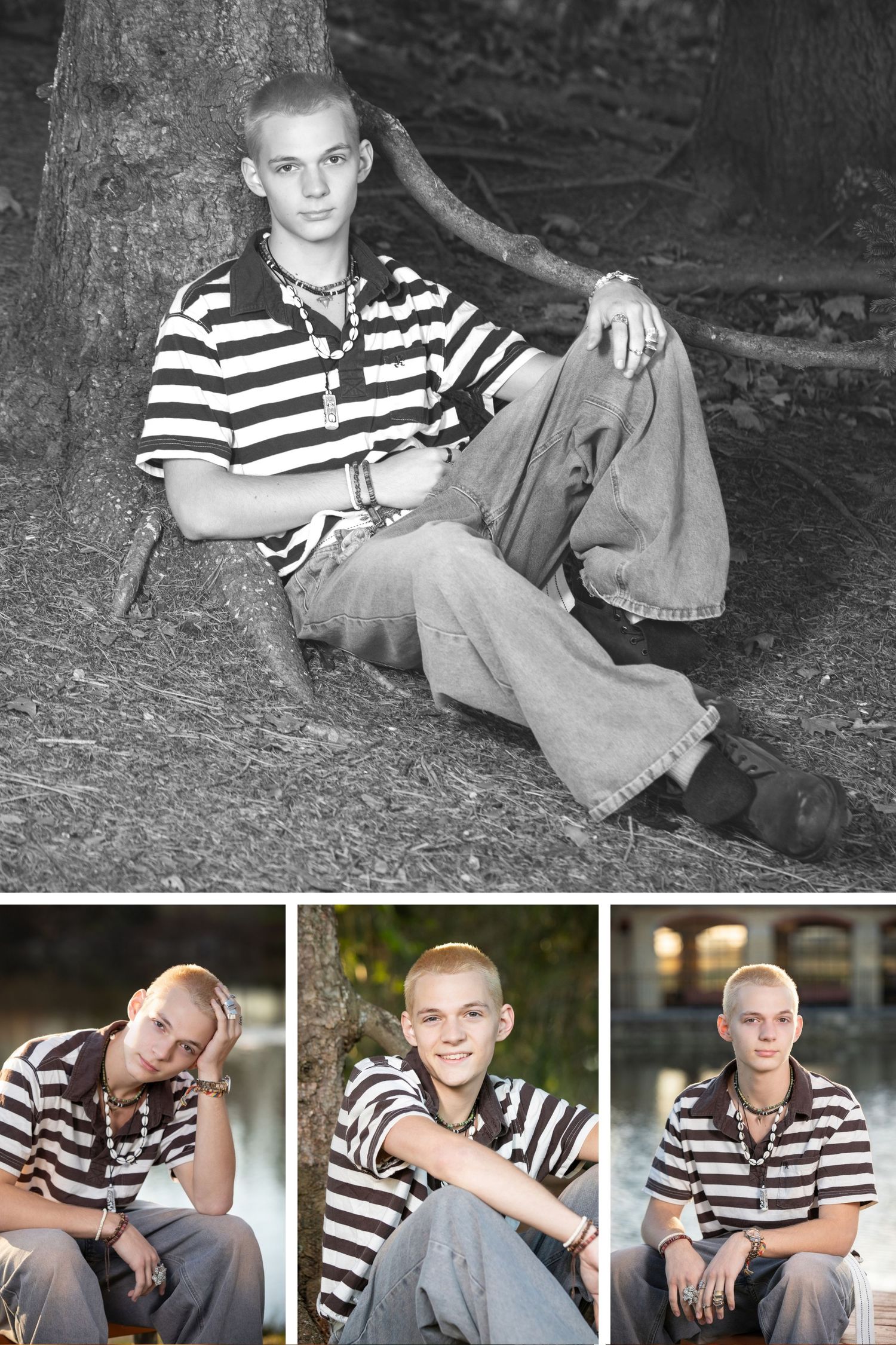 Hilliard Davidson senior pictures at Homestead Park featuring black and white portraits, trees, and creative senior photography.