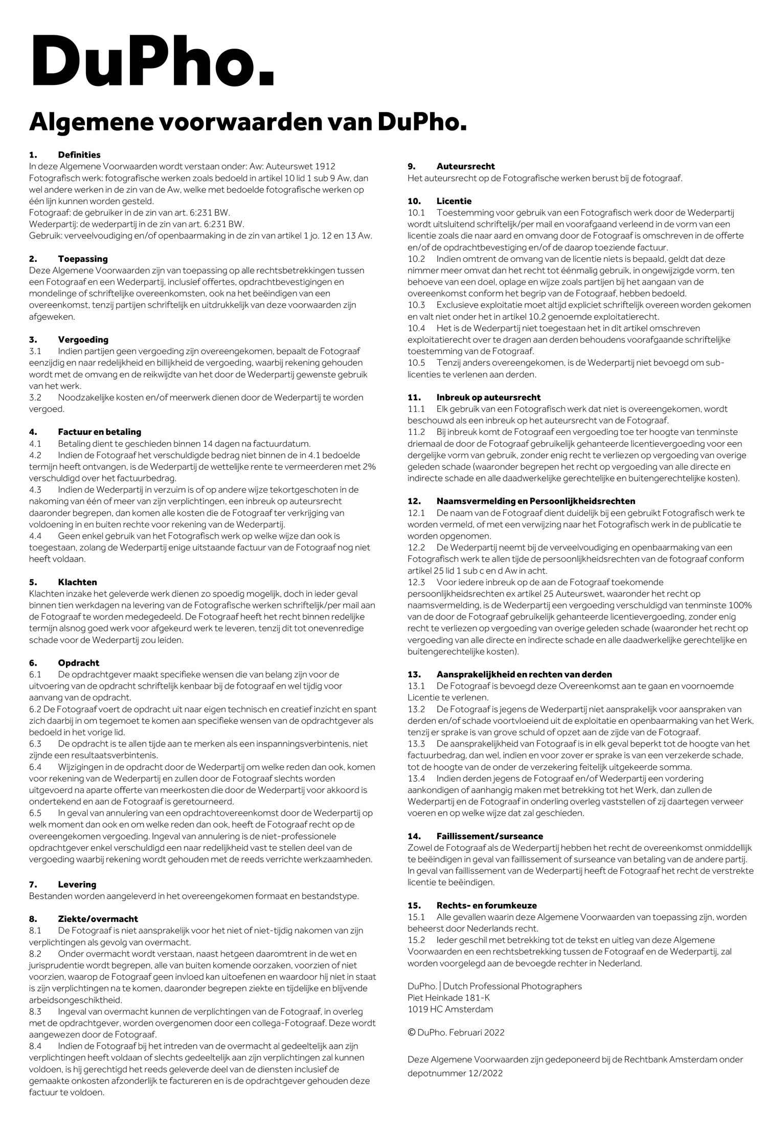 DuPho algemene voorwaarden document met juridische tekst in het Nederlands op wit papier.