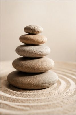 Balanced zen stone stack on raked sand, symbolizing mindfulness, harmony, and inner peace in a serene meditation setting.