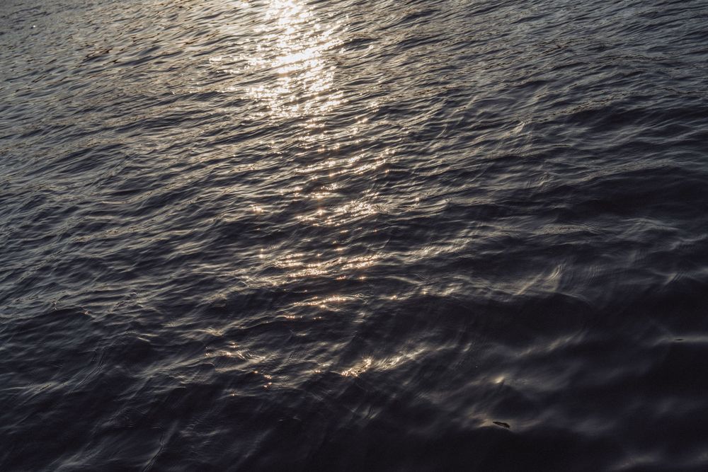 Sunlight reflecting on dark rippling ocean water creating a shimmering silver glow on the surface.