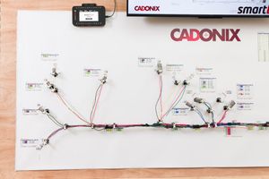 Cadonix branded wire harness diagram displayed on a white board with colorful cables and connectors.