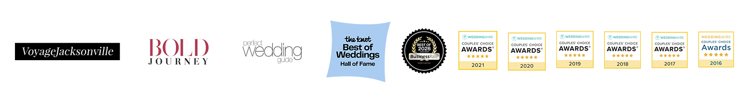 A collection of prestigious wedding industry awards and publication logos including Bold Journey and Wedding badges.