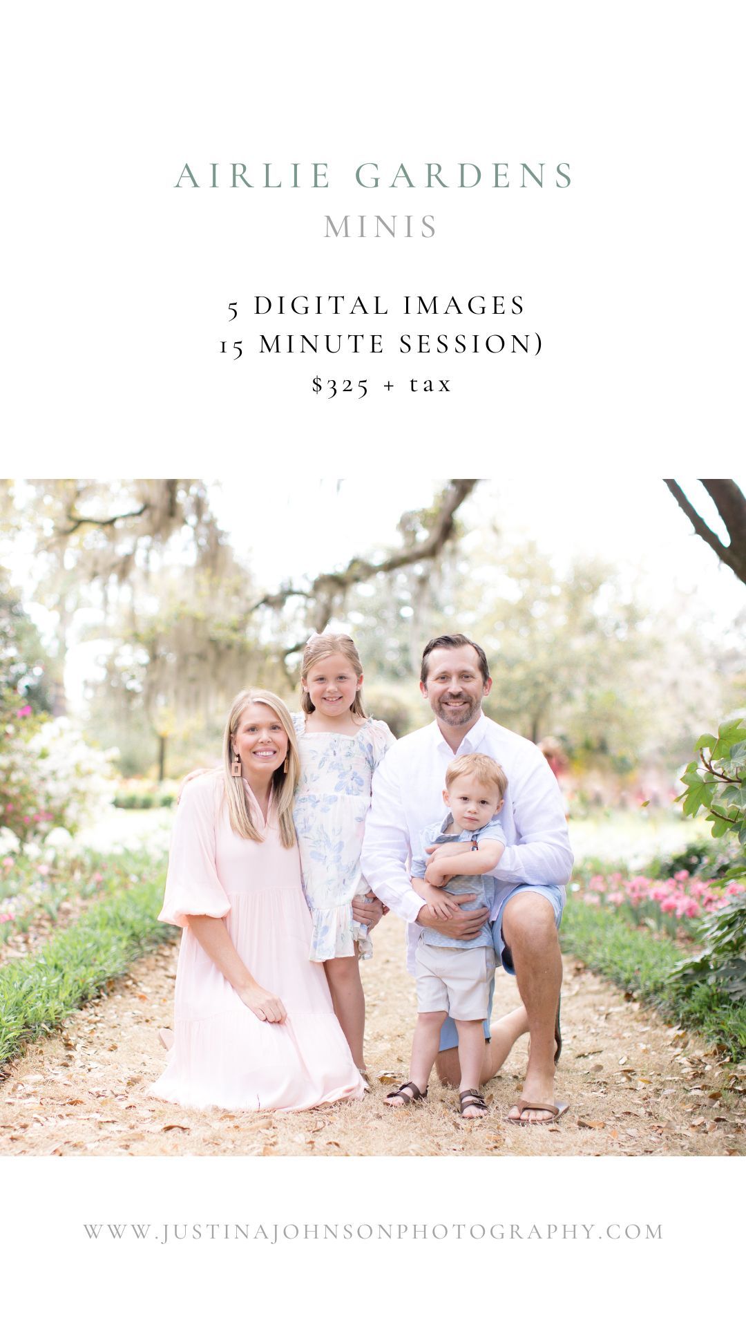 Family of four posing at Airlie Gardens mini photo session, offering 5 digital images in 15 minutes for $325.