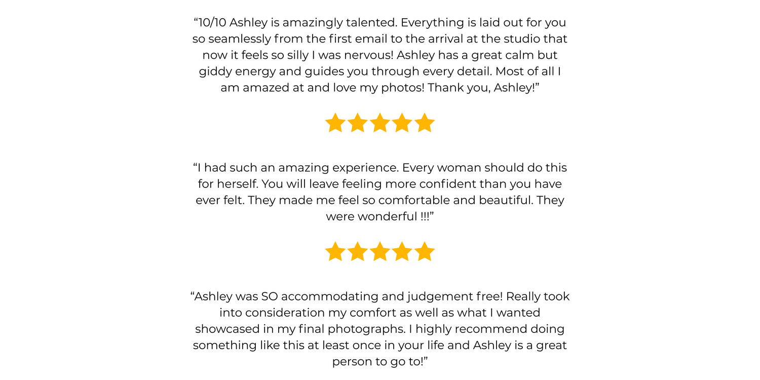 Three five-star customer reviews praising a photographer named Ashley for her calming presence and ability to make clients feel comfortable.