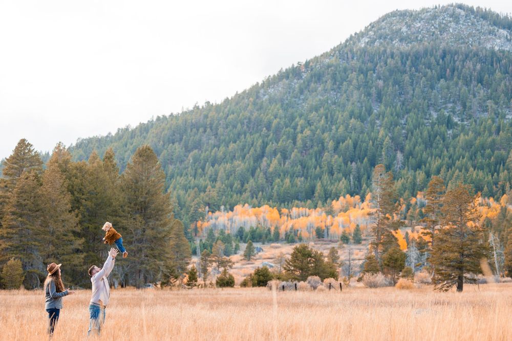 Family playing in golden meadow with mountain and autumn trees backdrop on a cloudy fall day.