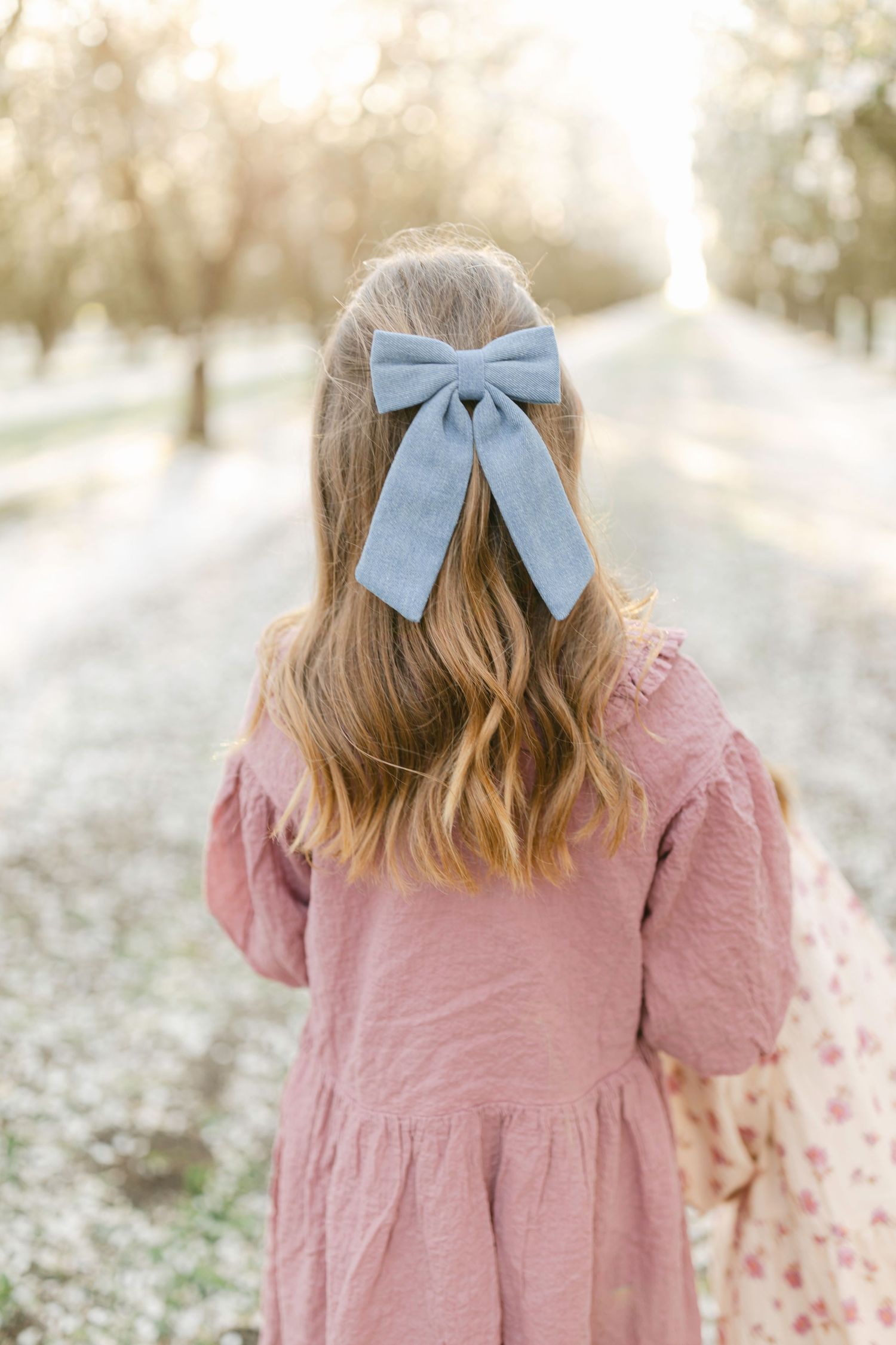 Young girl with long hair wearing a blue bow clip and pink dress, standing in a sunlit orchard path.
