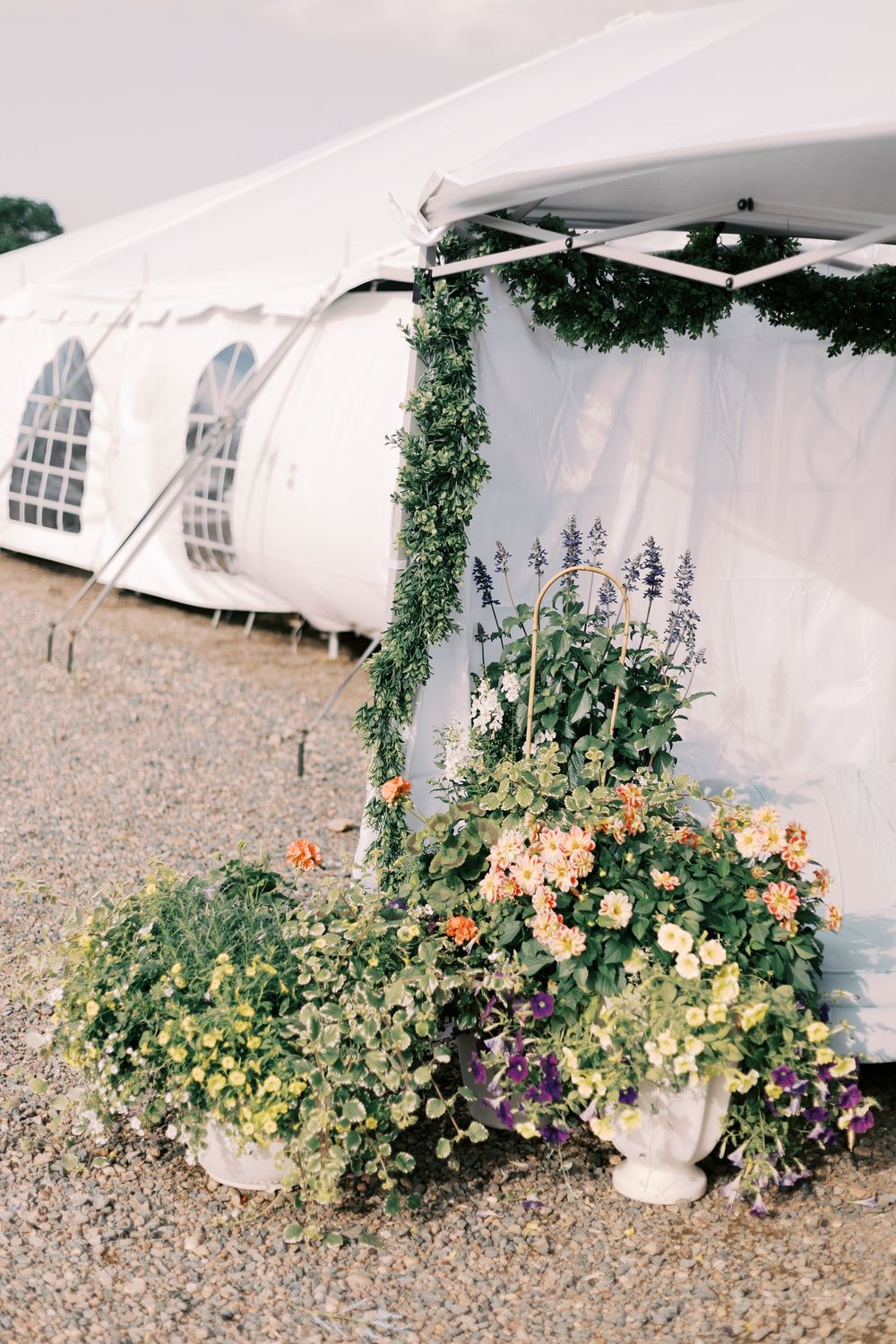 Lush floral arrangements in white urns decorate the entrance of an elegant white wedding tent.