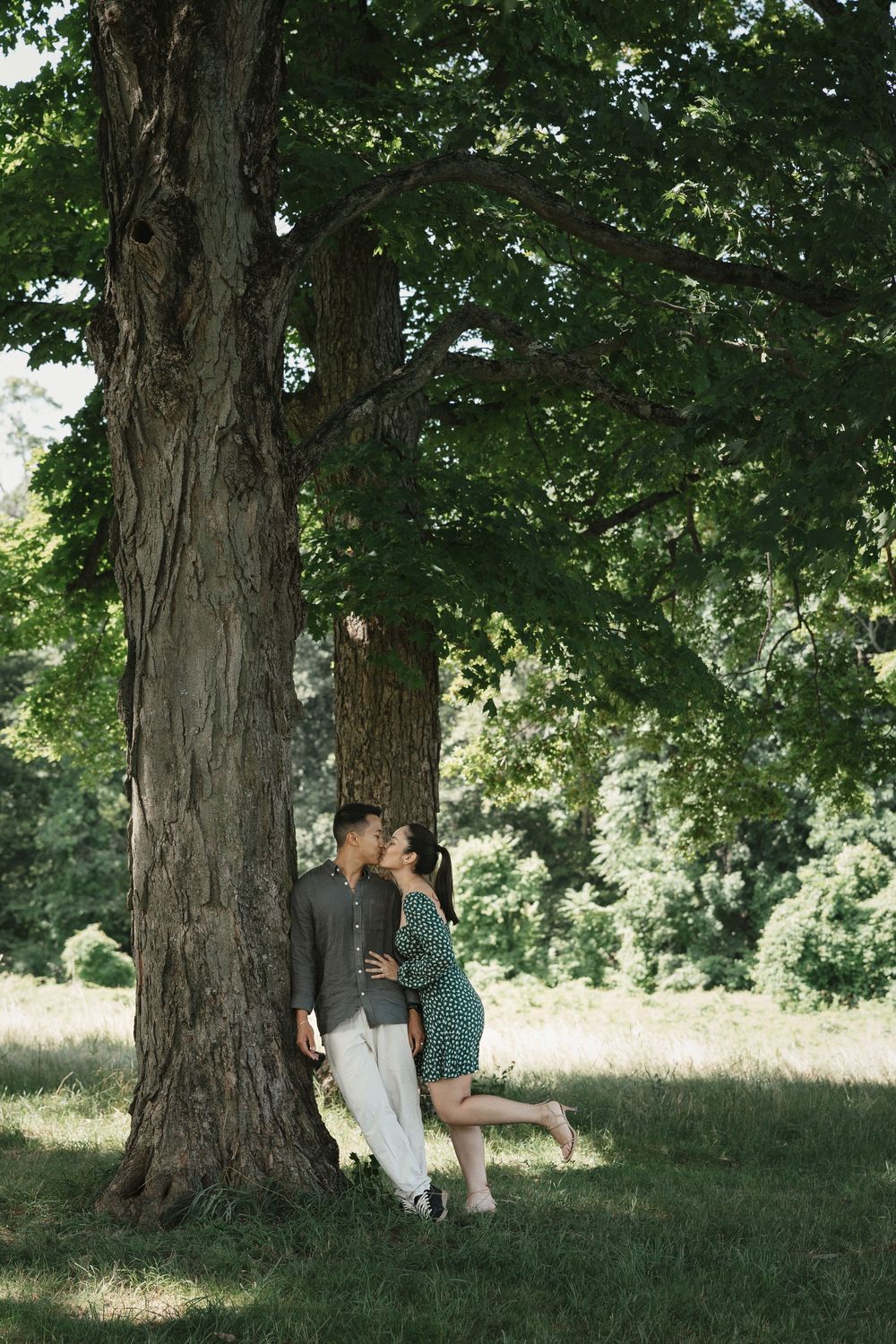Couple sharing a romantic kiss leaning against a large tree trunk in a lush green park on a sunny day.