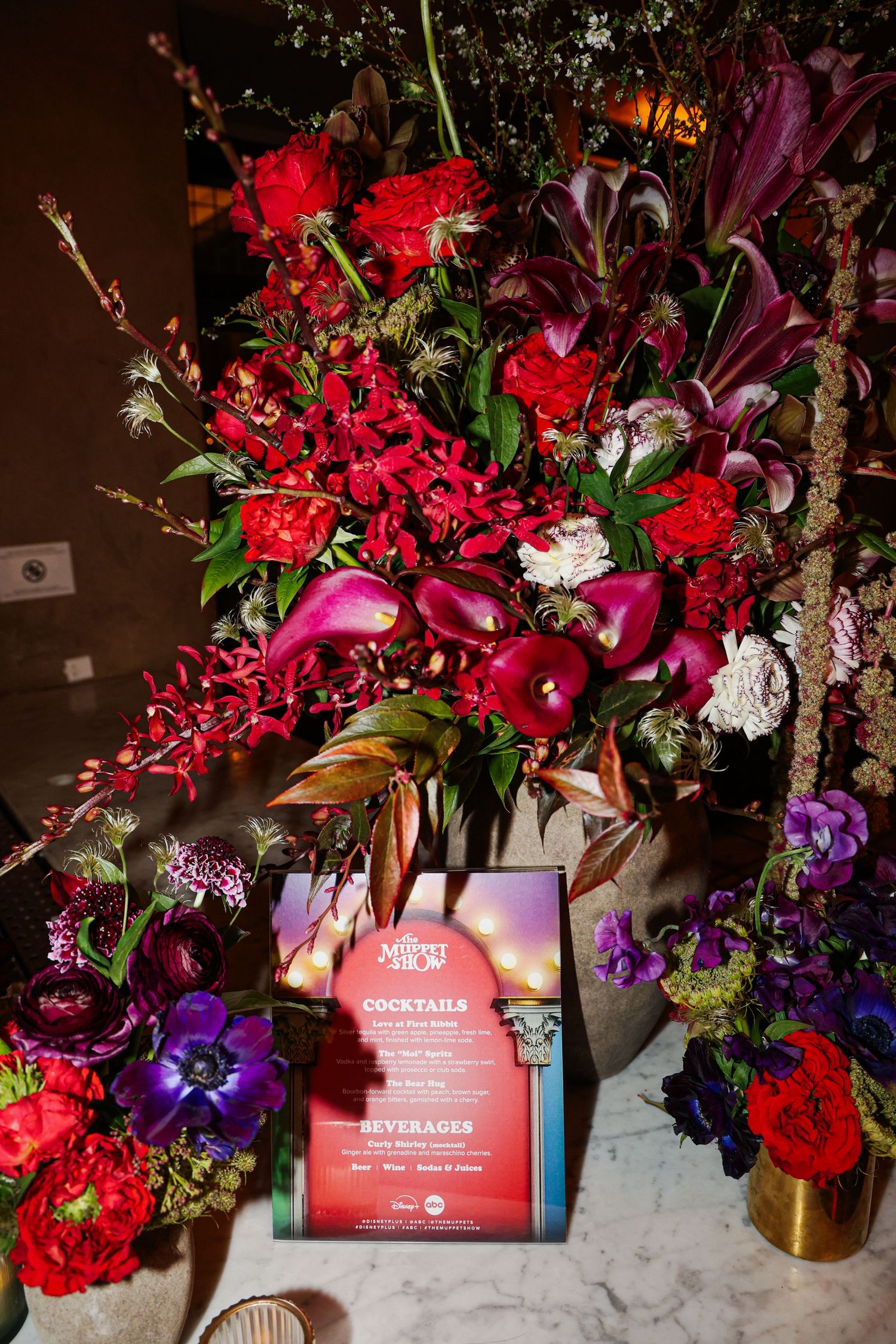 Floral arrangement at The Muppet Show premiere at The Roosevelt in Los Angeles. Hosted by Seth Rogen.